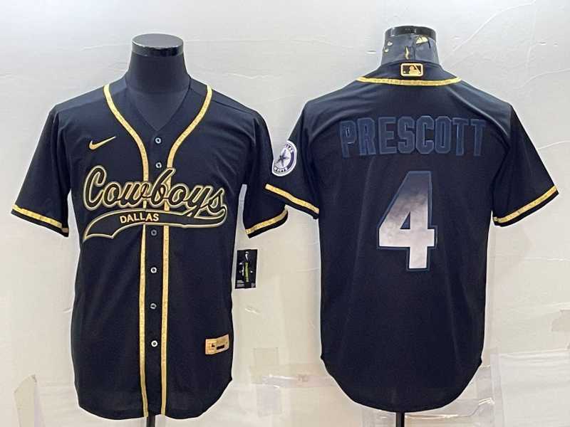 Mens Dallas Cowboys #4 Dak Prescott Black Gold With Patch Smoke Cool Base Stitched Baseball Jersey